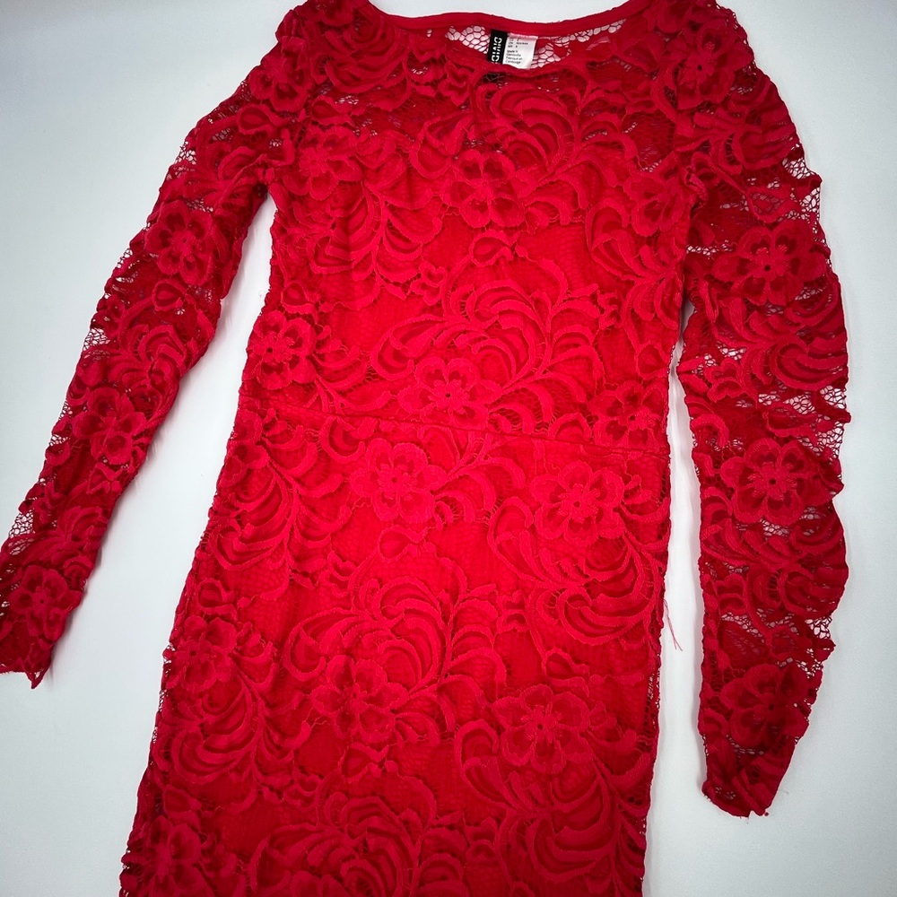 H&M Vibrant Red Floral Lace Dress